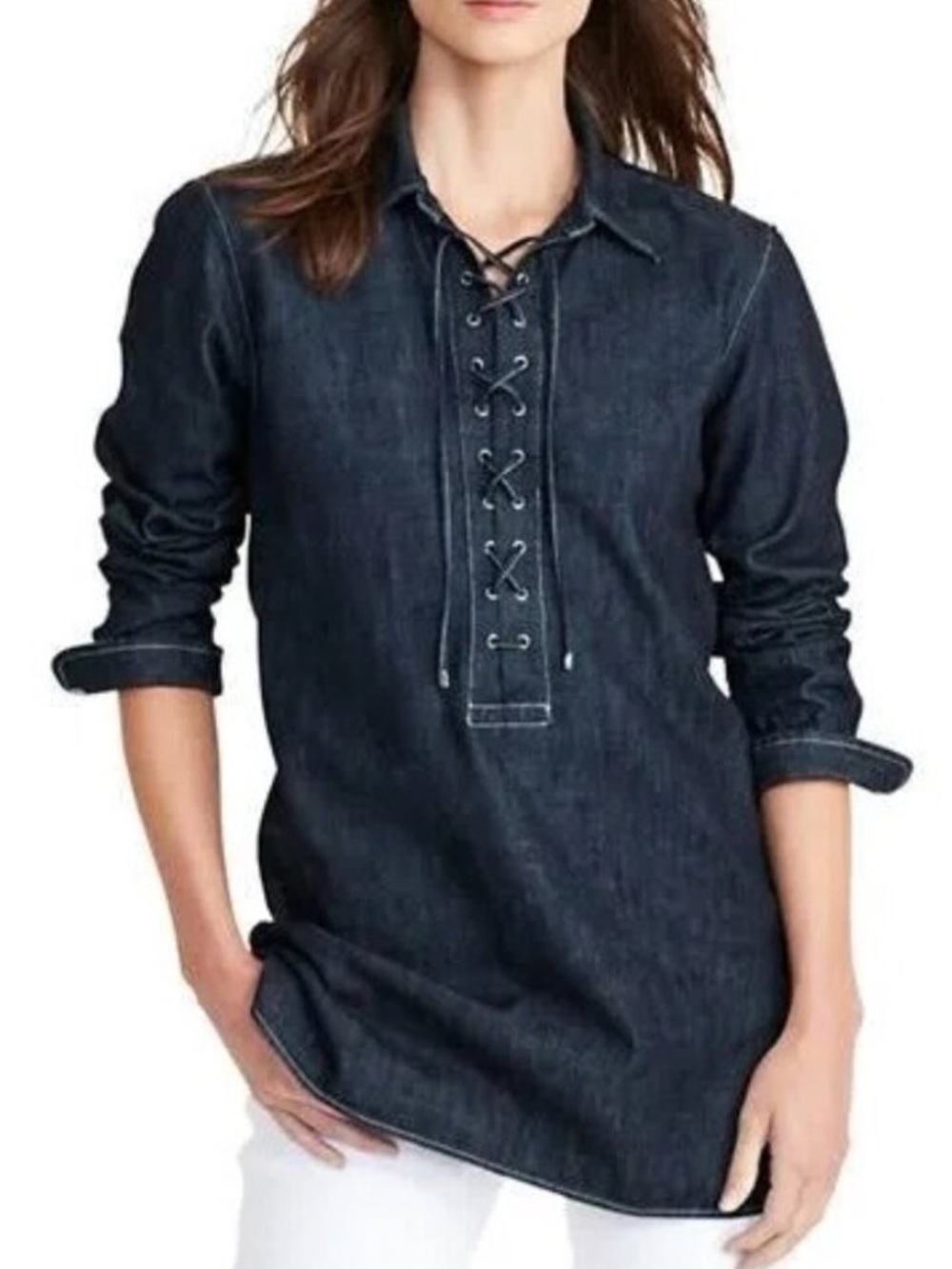 Lauren Ralph Lauren Women S Blue Dark Wash Denim Long Sleeve Lace Up Tunic Shirt